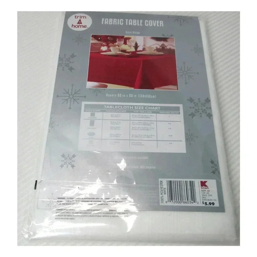 NEW Trim a Home Fabric Tablecloth Satin Stripe Polyester 52” X 52” Square White